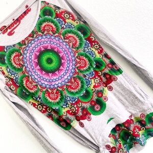 DESIGUAL tie up shirt tunic print XS long sleeve top embellished graphic